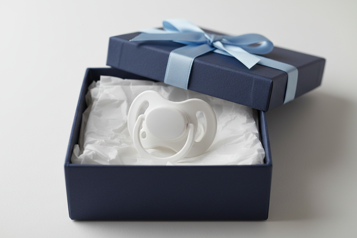 creer une image d'une tetine en silicone dans une boite de cadeau
